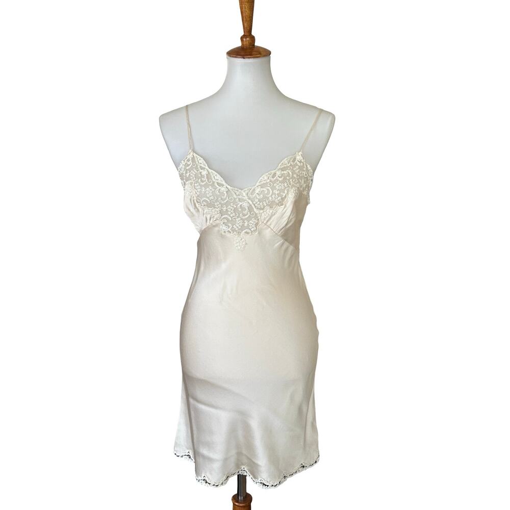 Vintage 90s Silk Lace Trim Negligee Chemise Ivory Cream Small - Picture 9 of 10
